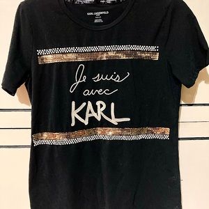 Karl Lagerfeld black shirt w/gold sequin & tiny pearls